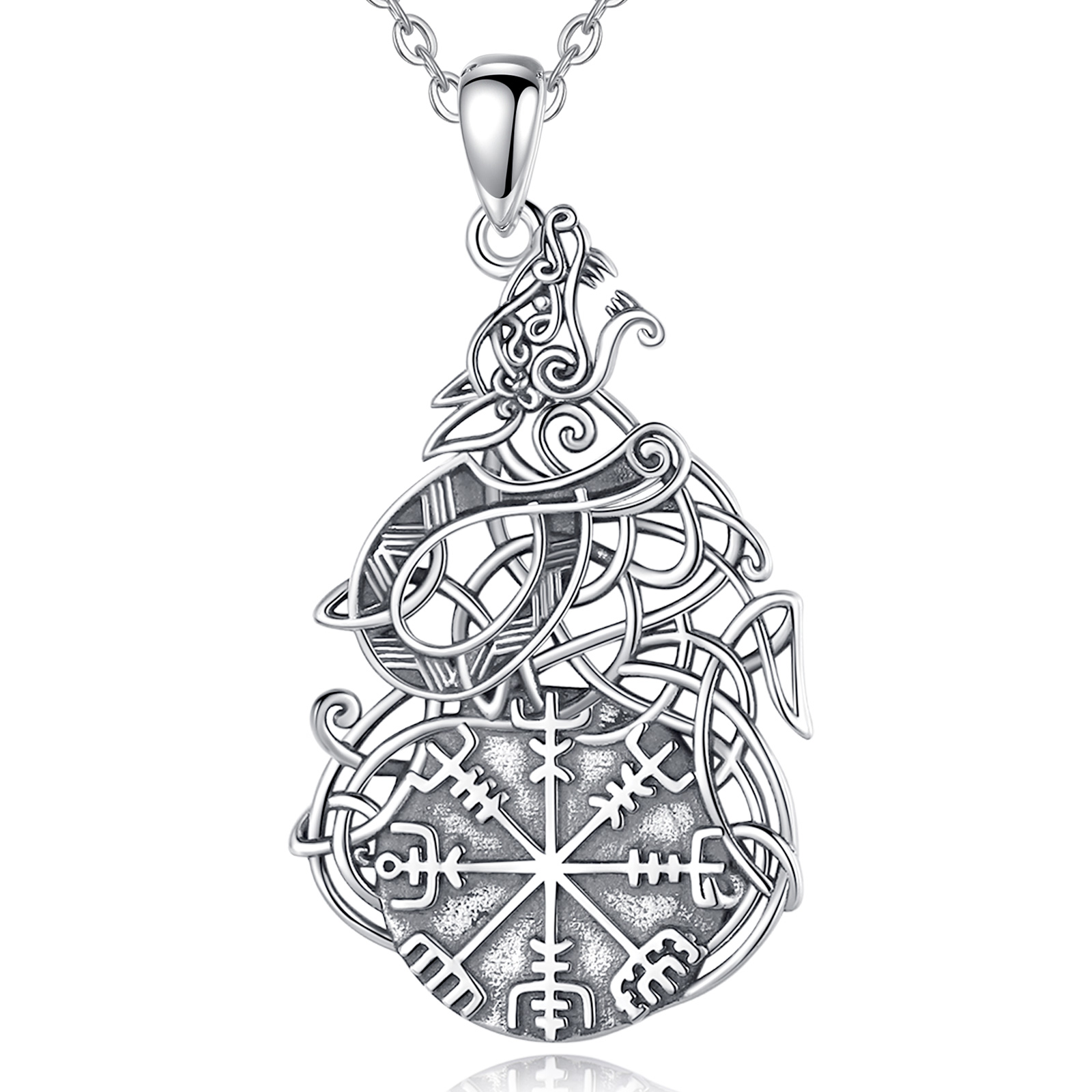 Merryshine 925 sterling silver hollow out celtic knot vikings wolf pendant necklace for men