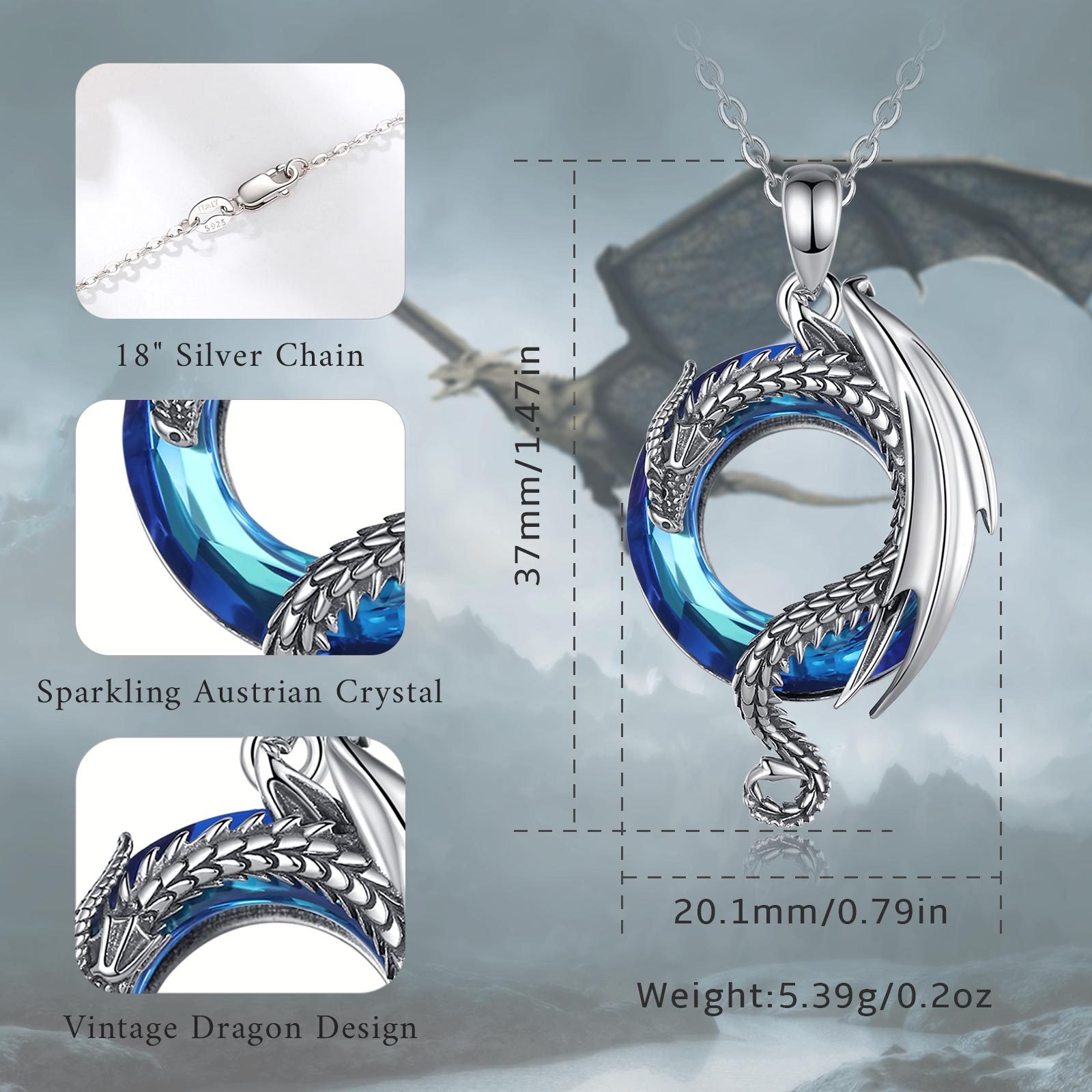 Merryshine 925 sterling silver crystal material mysterious fly dragon design pendant necklace