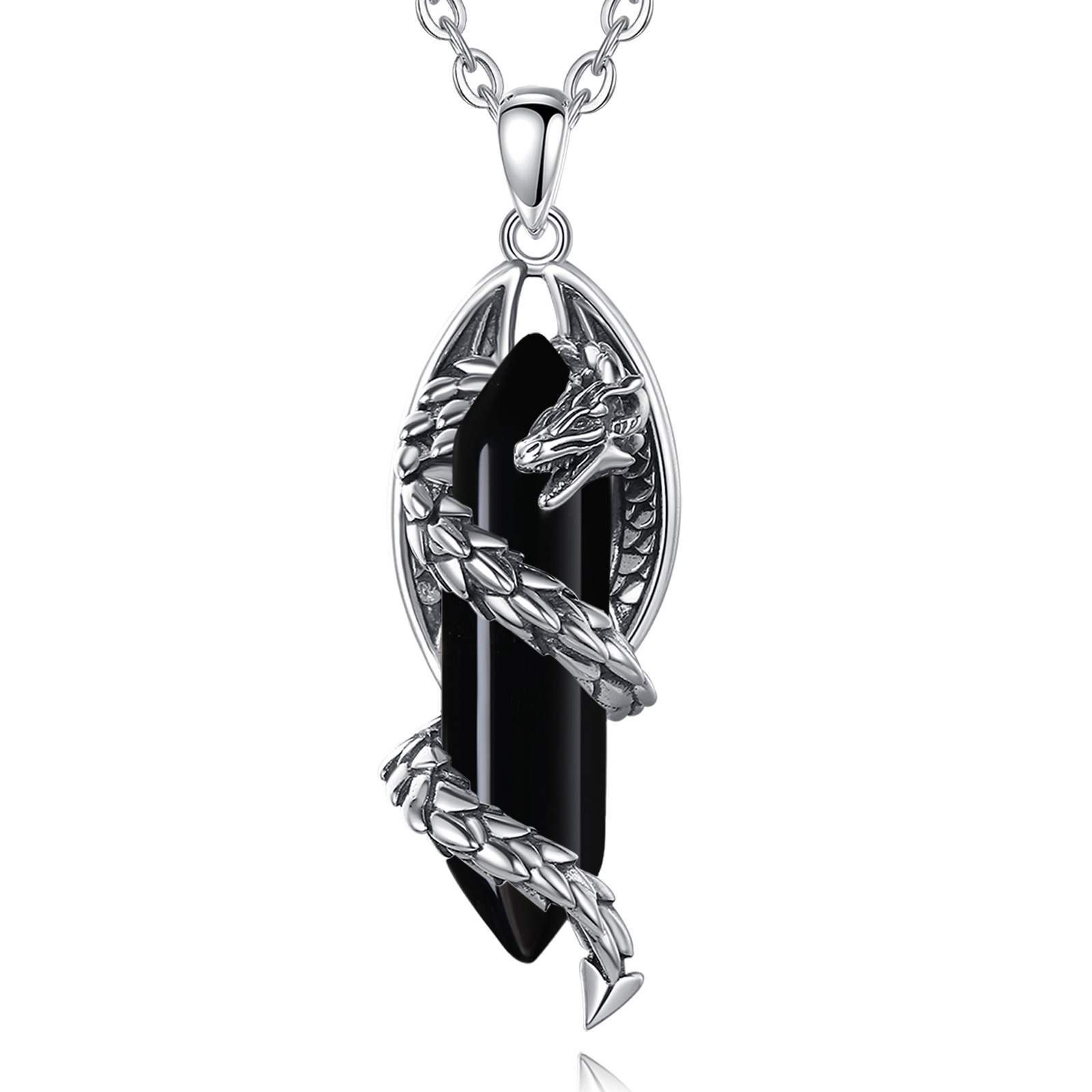Merryshine 925 sterling silver hexagonal pointed shaped dragon design natural crystal stone black obsidian pendant necklace