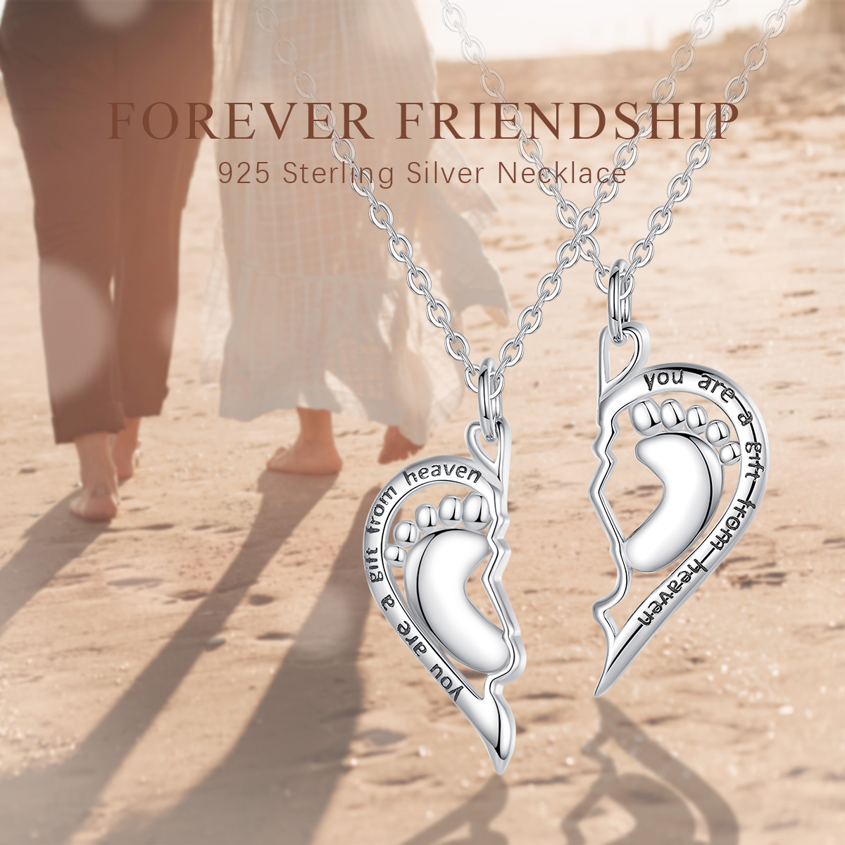 Merryshine foot print design s925 sterling silver best friends friend ship love heart pendant bff necklace