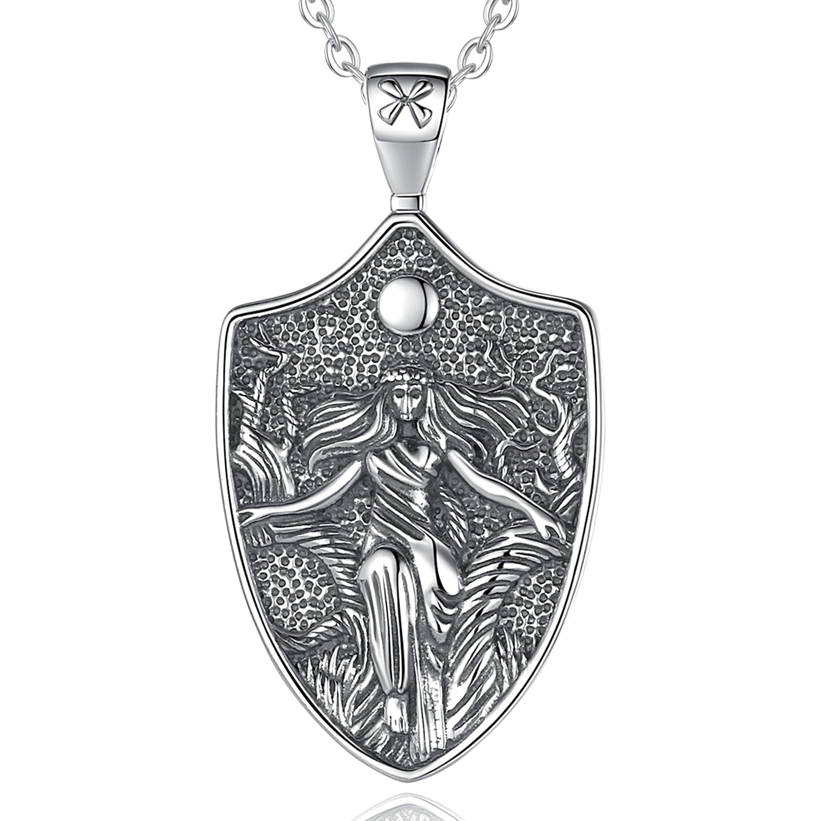 Merryshine Vintage Micro Back Embossing S925 Sterling Silver Moon Goddess Medal Necklace