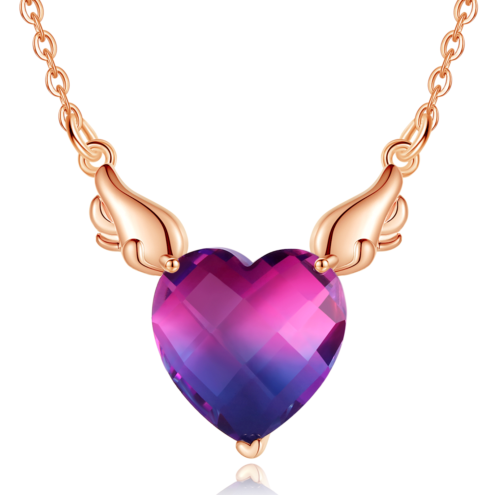 Wholesale jewelry purple and blue color angel wings lucky love heart shape pendant necklace with chain