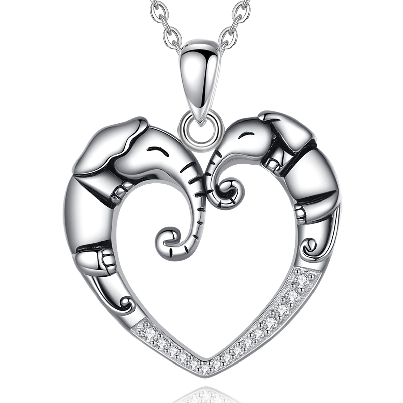 Merryshine Jewelry 925 Sterling Silver Heart Shaped Mother Elephant and Child Baby Elephant Necklace