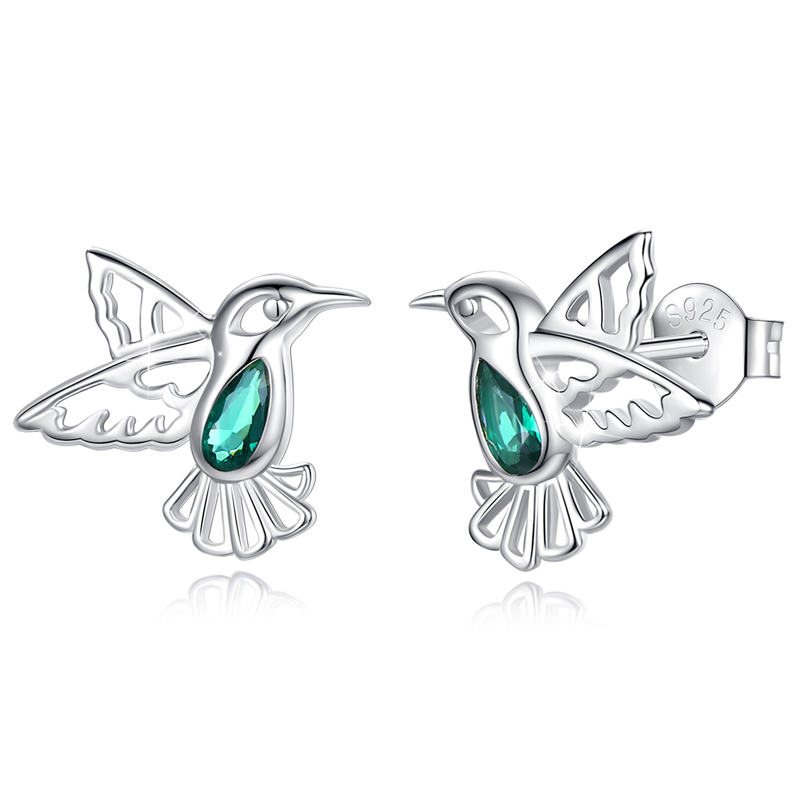 Merryshine 925 Sterling Silver Green Cubic Zirconia Flying Hummingbird Stud Earrings for Women
