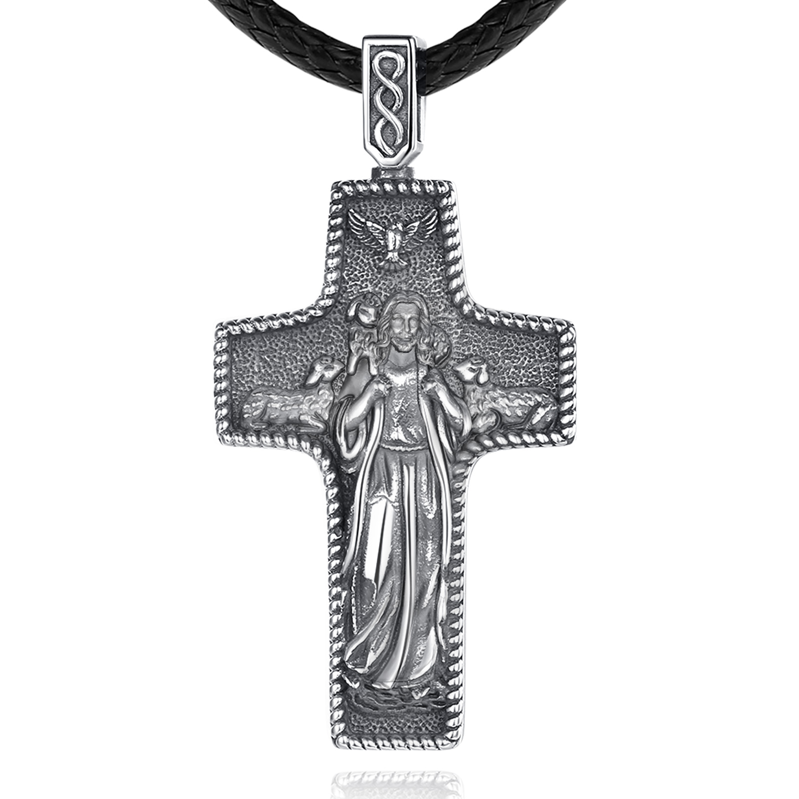 Merryshine High Quality Embossed Design 925 Sterling Silver Mens Jewelry Good Shepherd Christian Jesus Cross Pendant Necklace