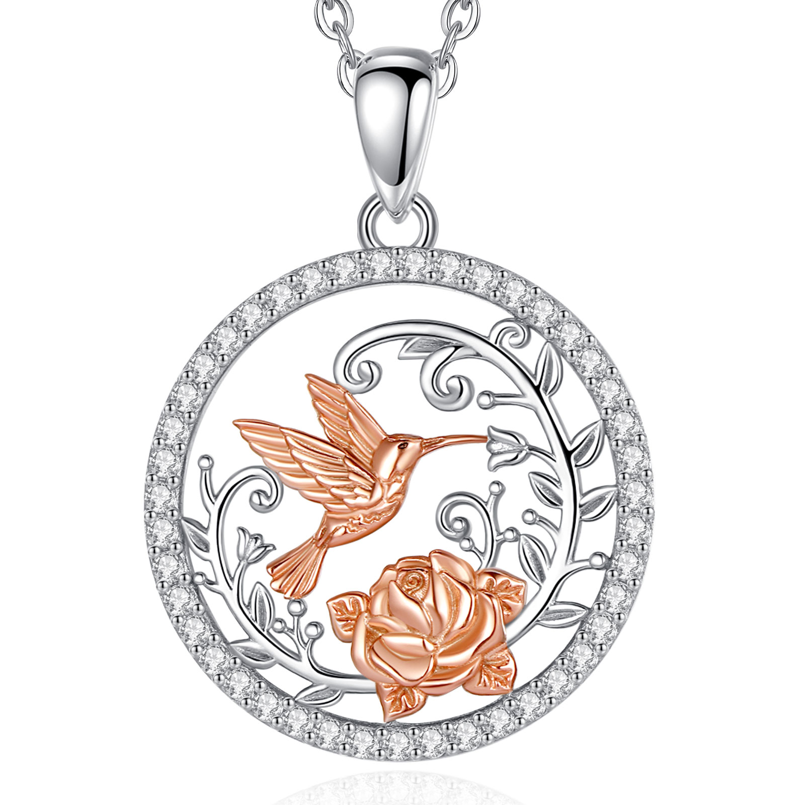 Merryshine 925 Sterling Silver Jewelry Rose Gold Flower and Elegant Hummingbird Pendant Necklace for Women