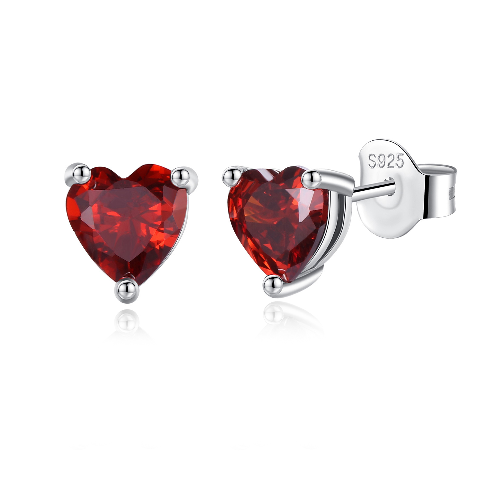Merryshine Fashion Jewelry 925 Silver Red Love Heart Shaped Diamond Zircon Birthstone Stud Earrings for Women