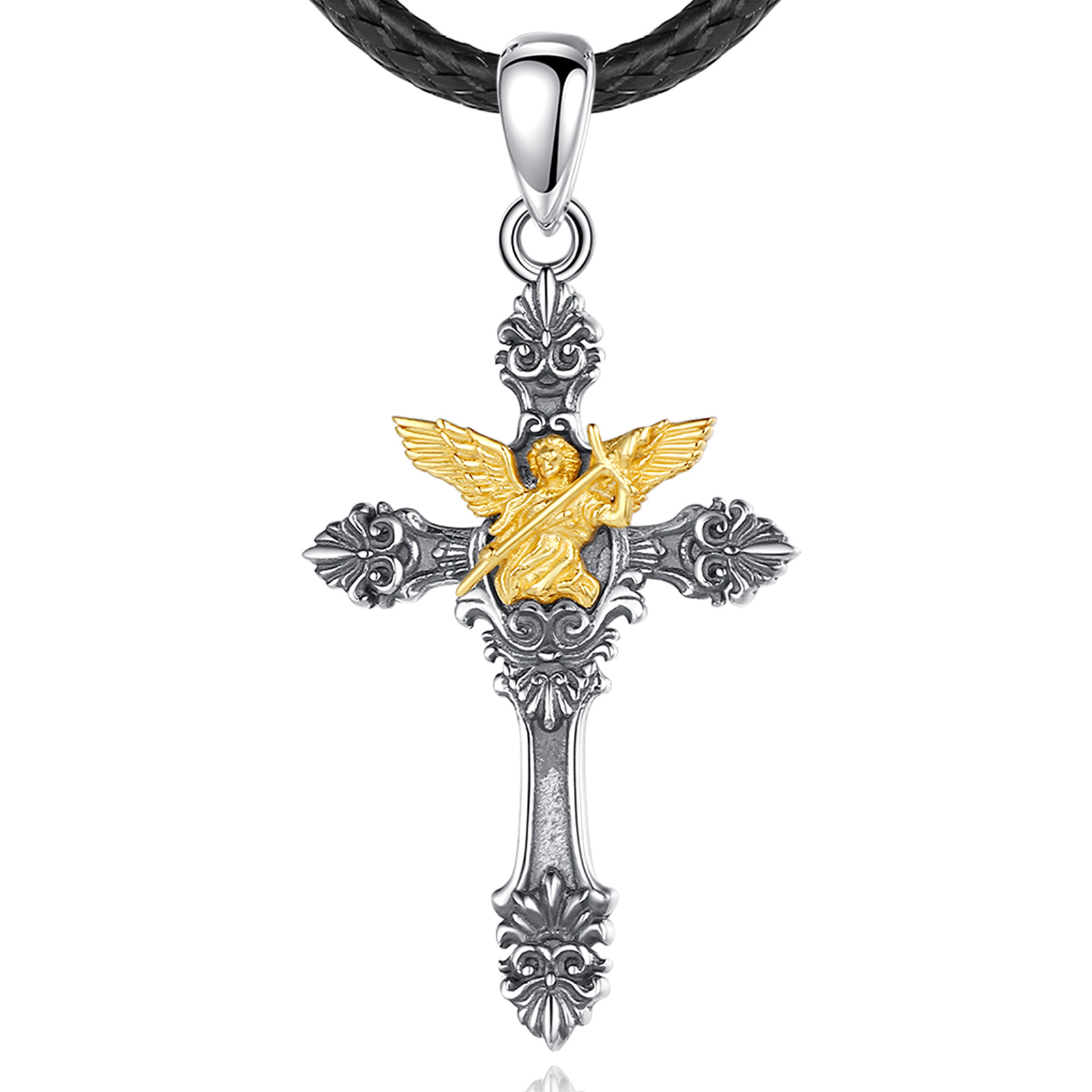 Merryshine 925 Sterling Silver Vintage Embossment Style Christian Jesus Cross Pendant Necklace for Men