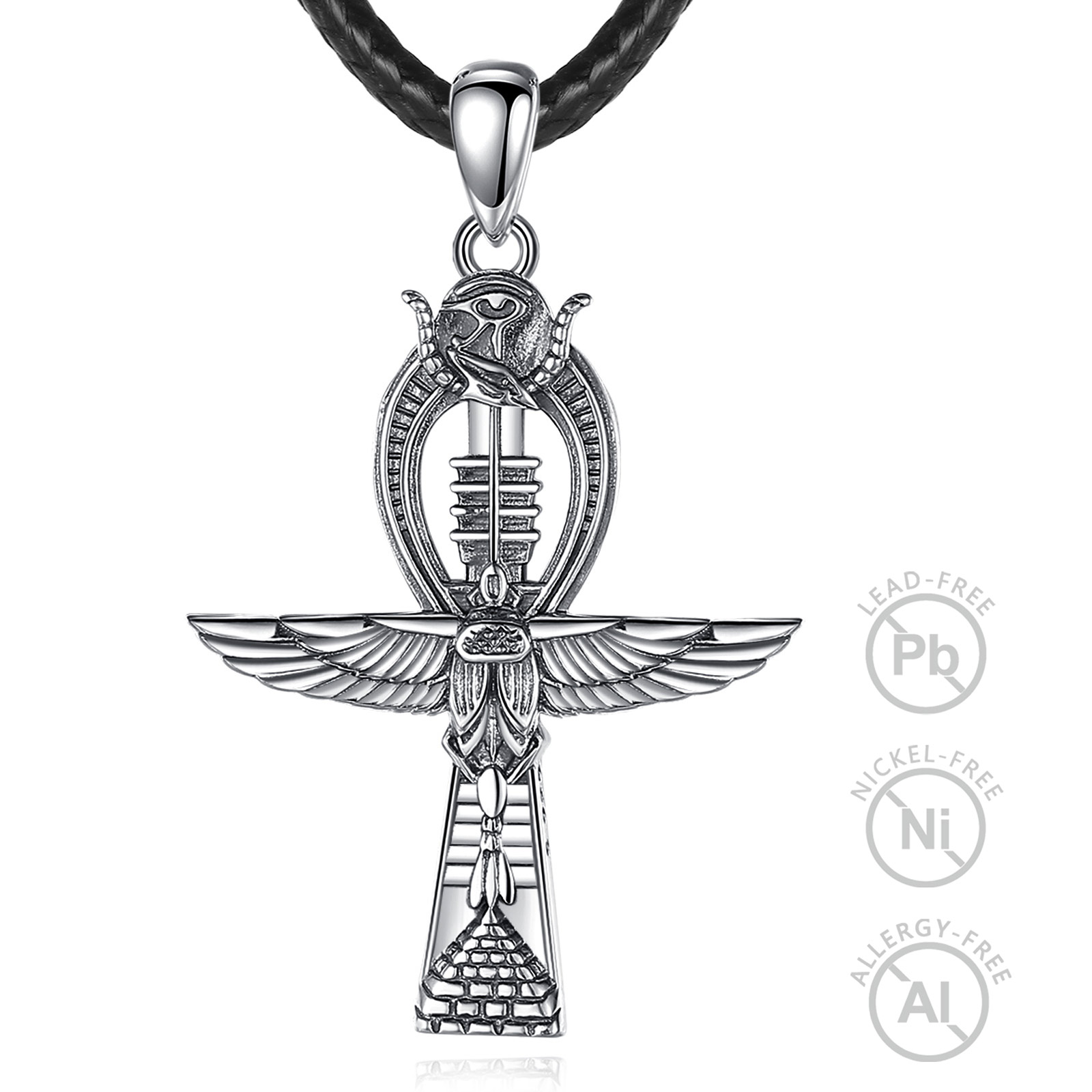 Merryshine Jewelry 925 Sterling Silver Egyptian Cross Shaped Scarab Ankh Pendant Necklace for Men or Women