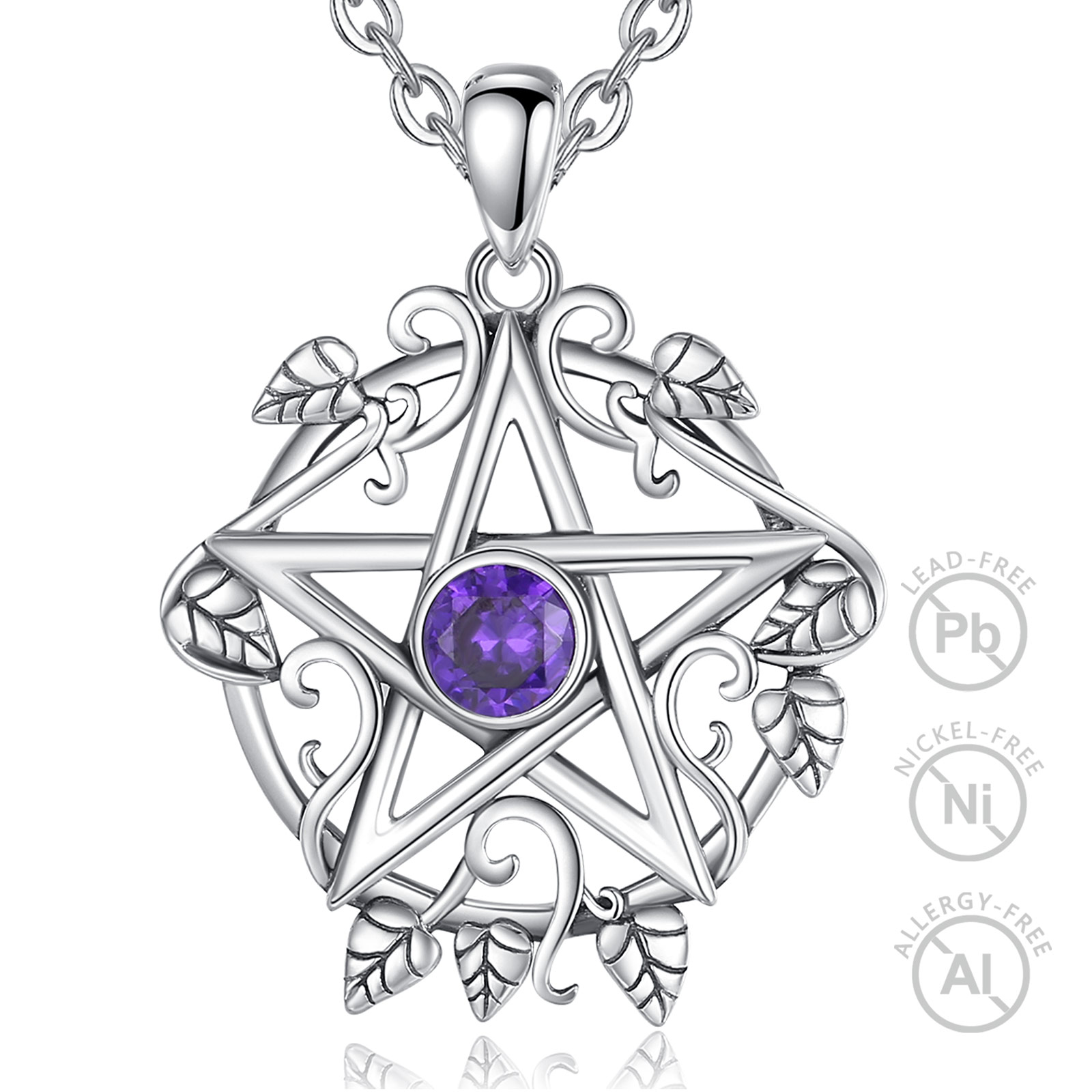 Merryshine Jewelry 925 Sterling Silver Purple Cubic Zirconia Wiccan Pentagram Statement Pendant Necklace for Women or Men