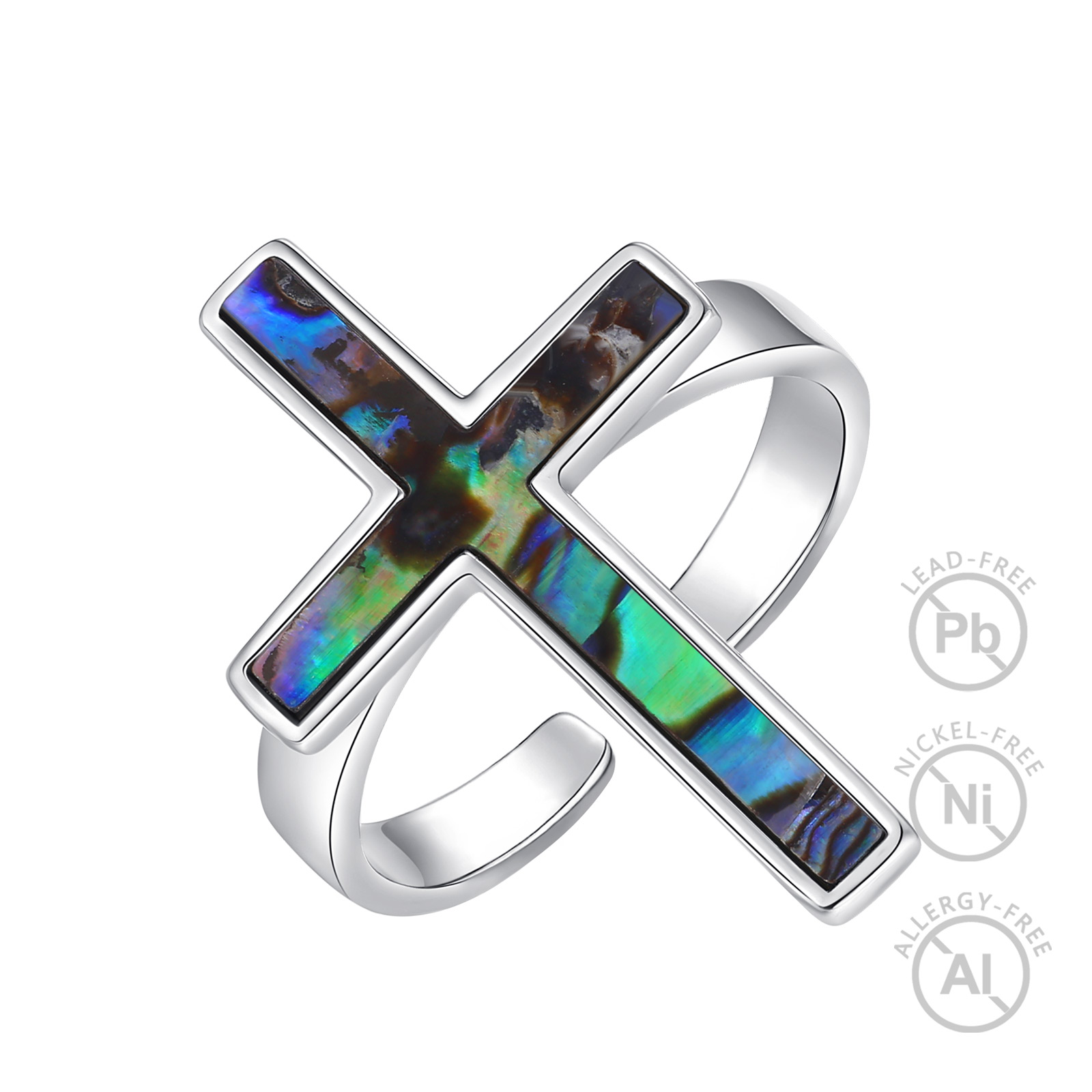 Merryshine Mens Jewelry 925 Sterling Silver Open Adjustable Size Crucifix Cross Ring With Abalone Shell