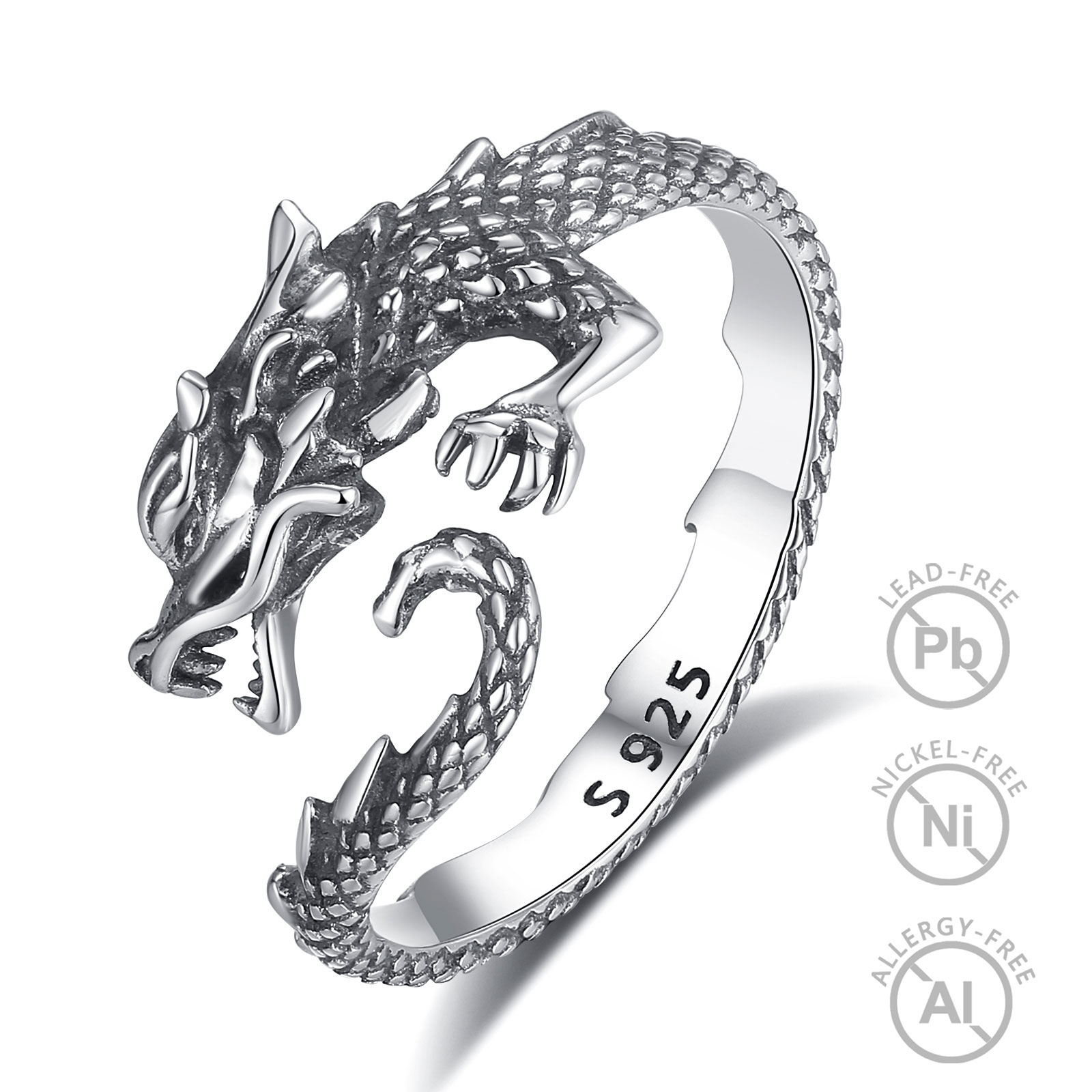 Merryshine Jewelry 925 Sterling Silver Rings Open Adjustable Size Vintage Design Dragon Ring for Men
