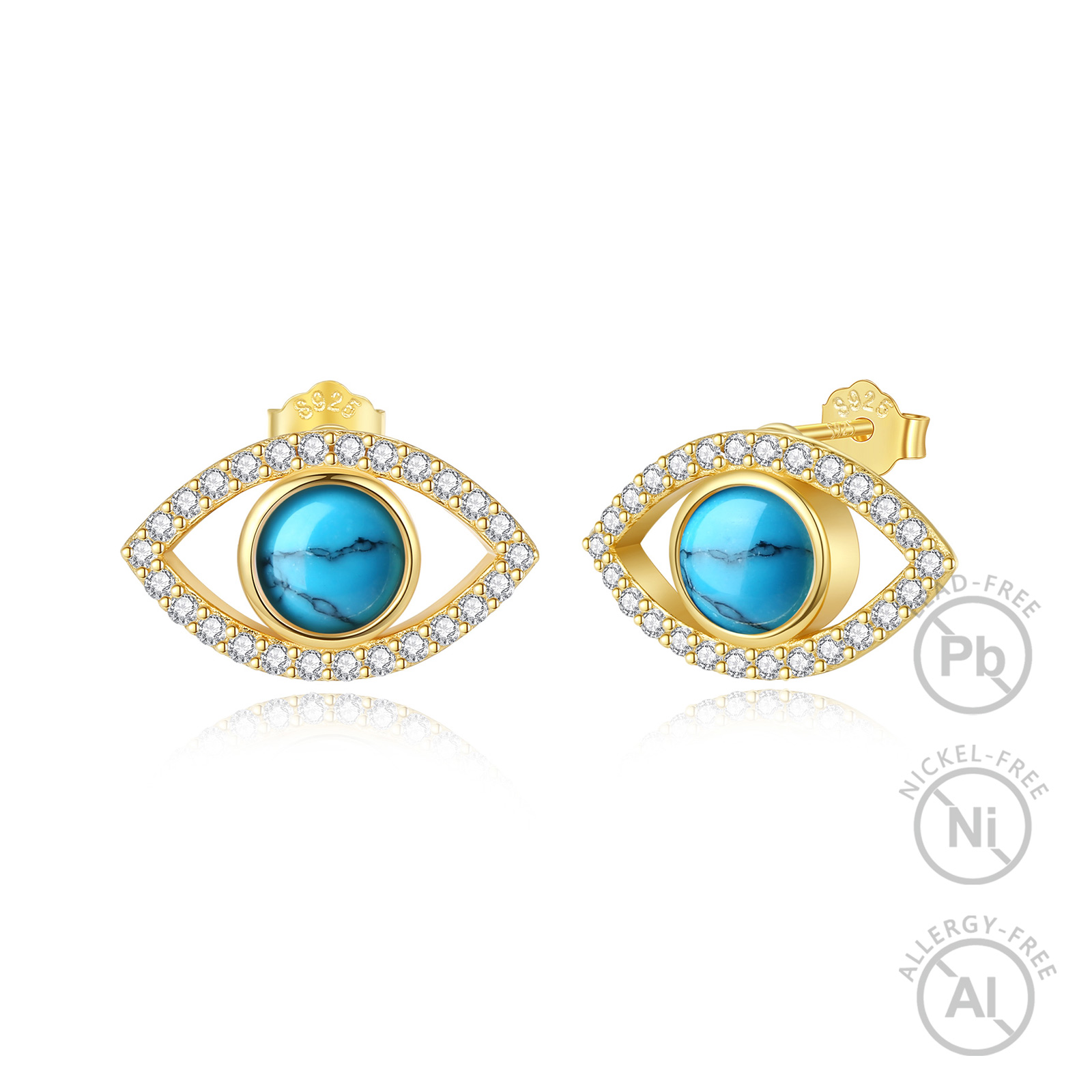 Merryshine Jewelry Turquoise 925 Sterling Silver 18K Gold Plated Devil Eye Element Shaped Stud Earrings for Women