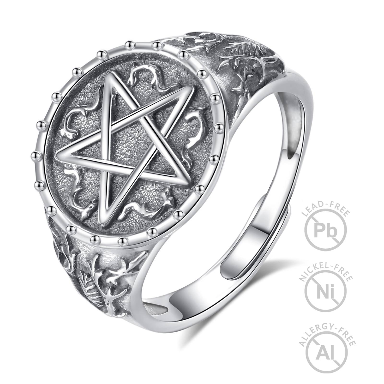 Merryshine Jewelry 925 Sterling Silver Tetragrammaton Pentagram Design Adjustable Open Wide Ring for Men