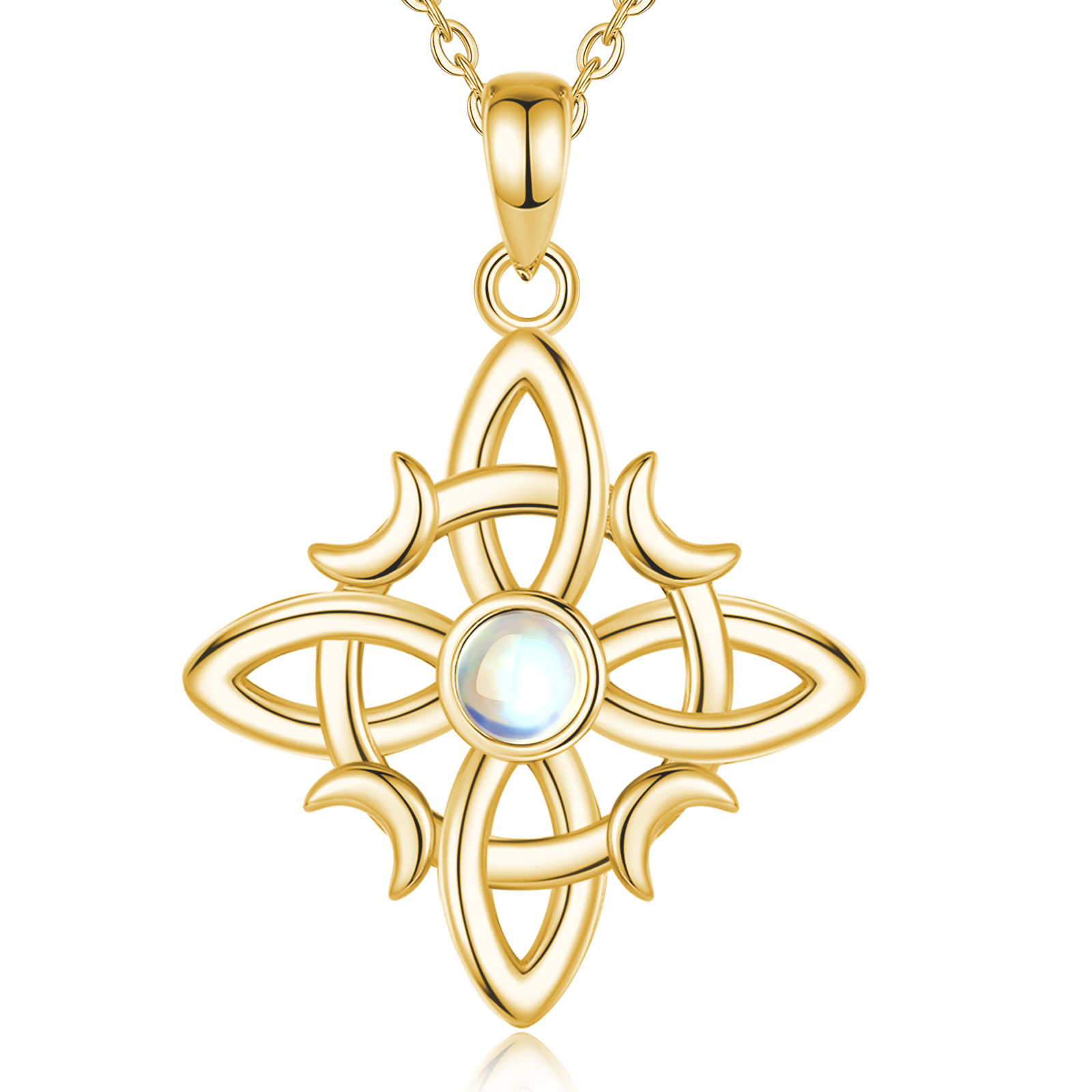 Merryshine Jewelry Wicca Knot Design 925 Sterling Silver 18K Gold Plated Vermeil Pendant Necklace with Moonstone