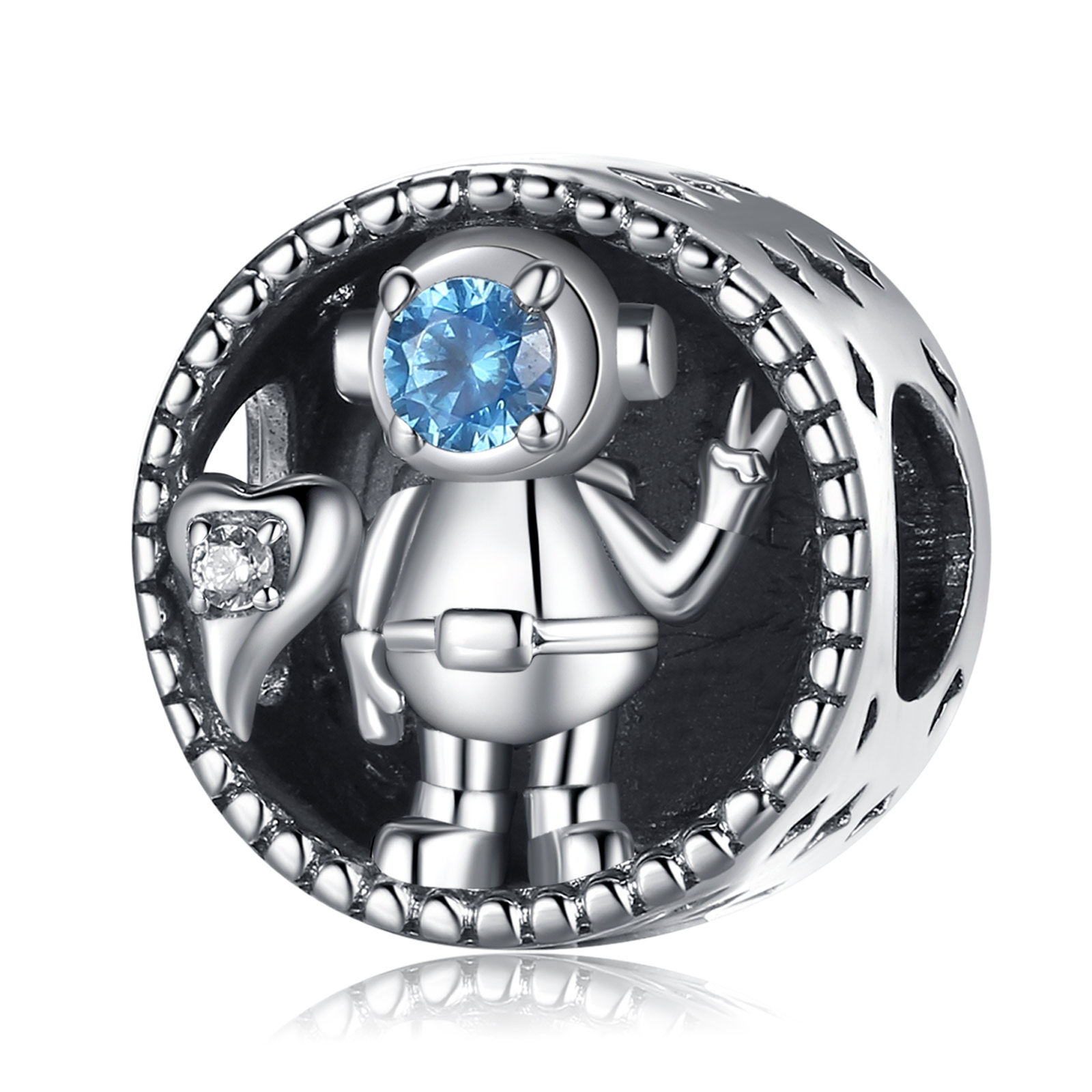 Merryshine Fine Jewelry 925 Sterling Silver Astronaut-Inspired Round Shaped Beads for Bracelets DIY with Blue Cubic Zirconia