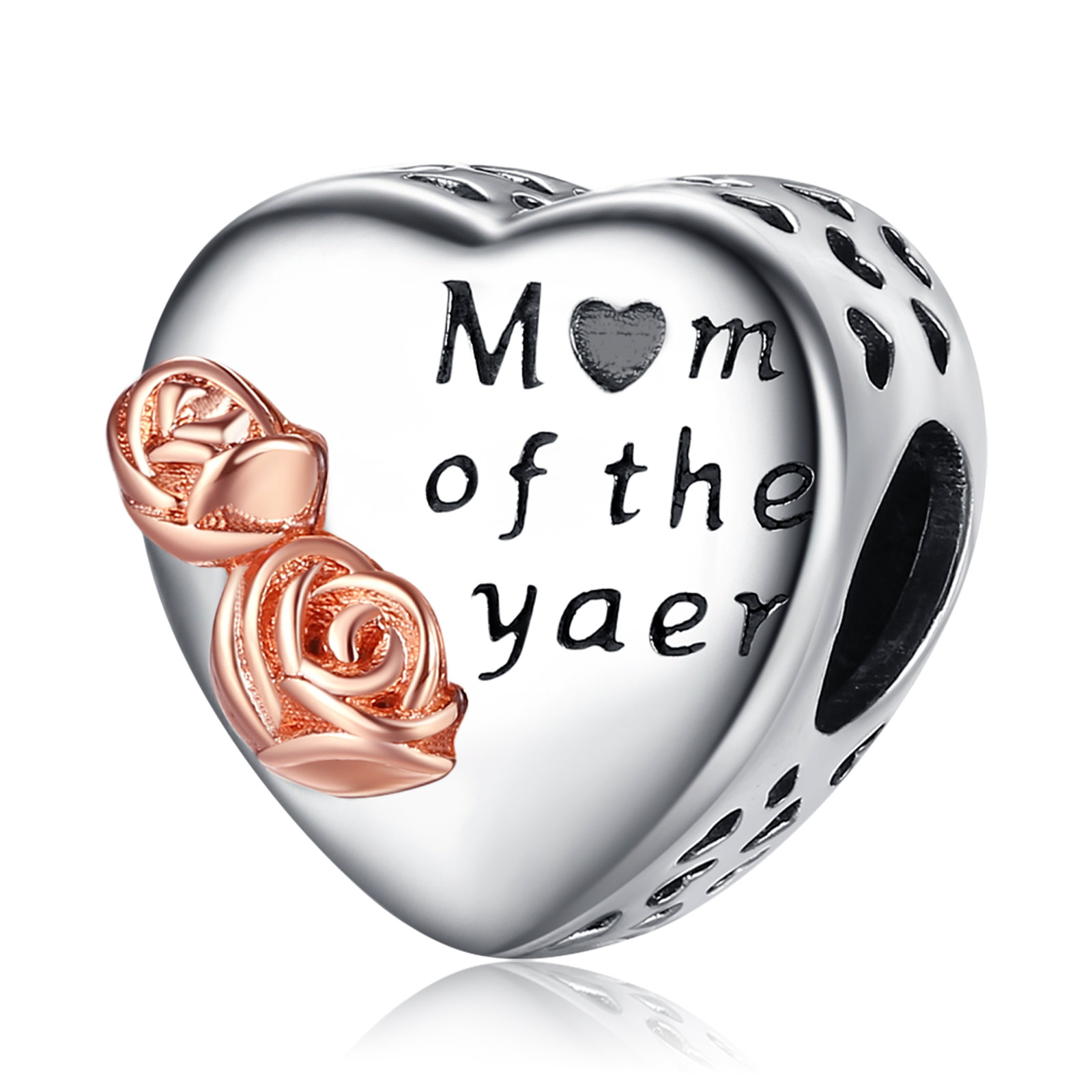 Elegance Redefined: 925 Sterling Silver Heart-shaped Bead Charm with Rose Gold Rose Engraving - A Tribute to Mom of the Year