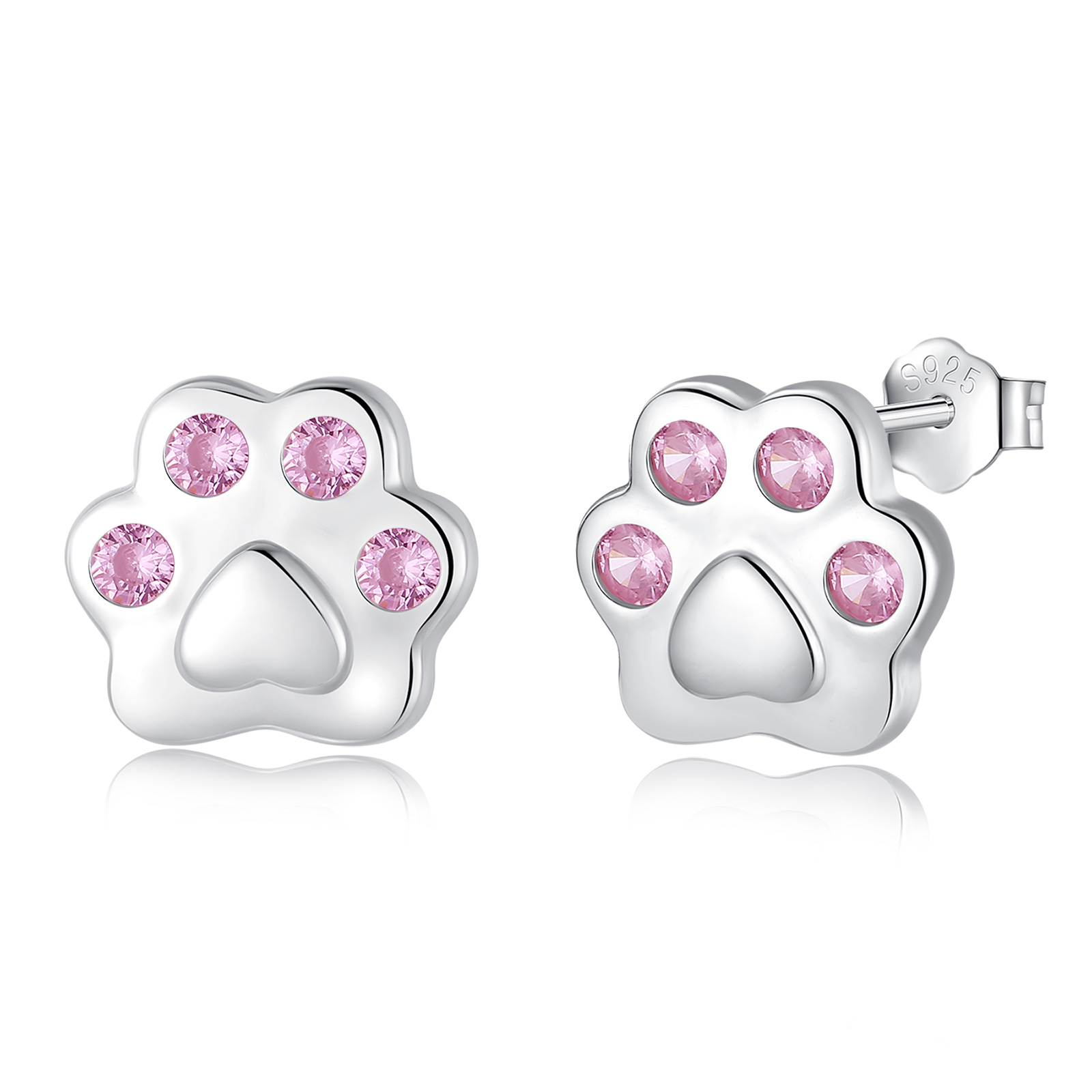 Merryshine Fashion Fine Jewelry 925 Sterling Silver Pink Cubic Zirconia Cute Dog Paw Print Stud Earrings for Girls