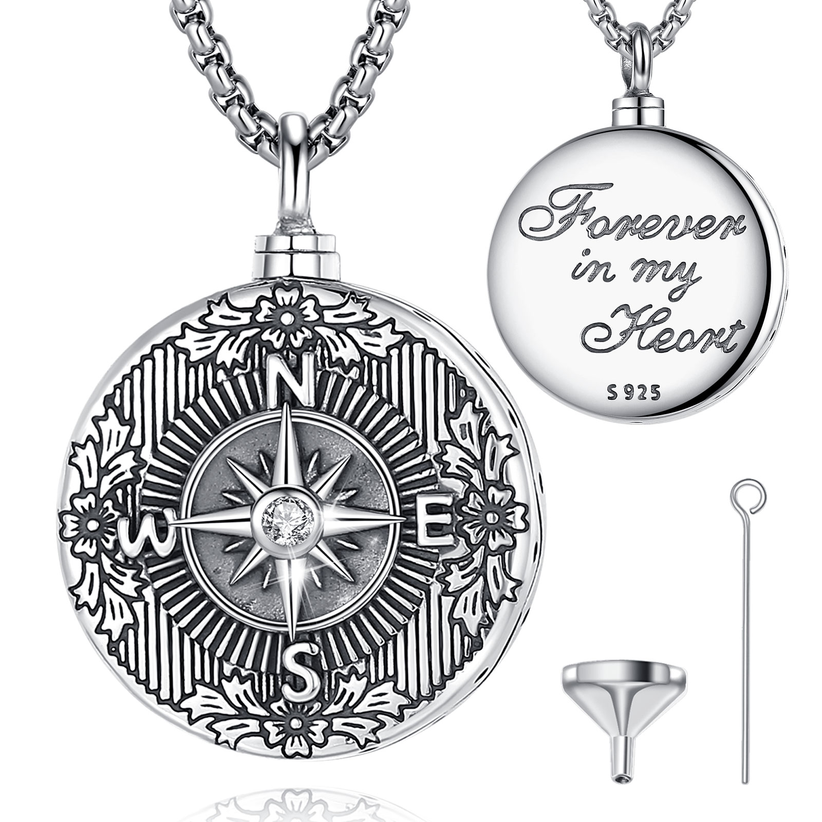 Merryshine High Quality 925 Sterling Silver Vintage Compass Design Cremation Jewelry Urn Pendant Necklace for Ashes