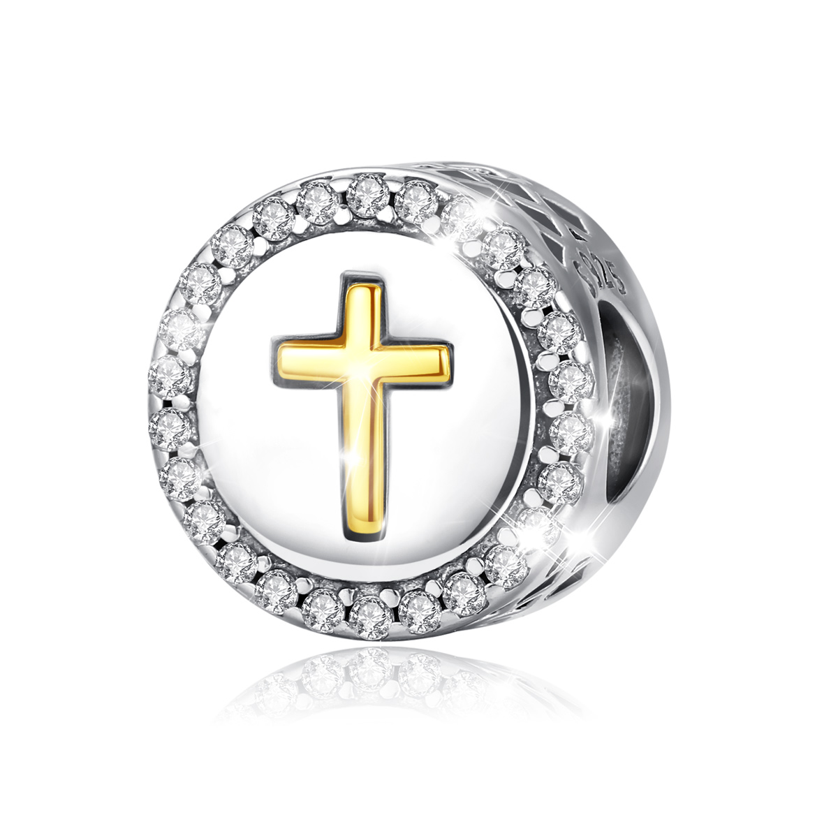 925 Sterling Silver DIY Bead for Bracelets with Exquisite Zirconia Inlay and Gilded Cross Embossment