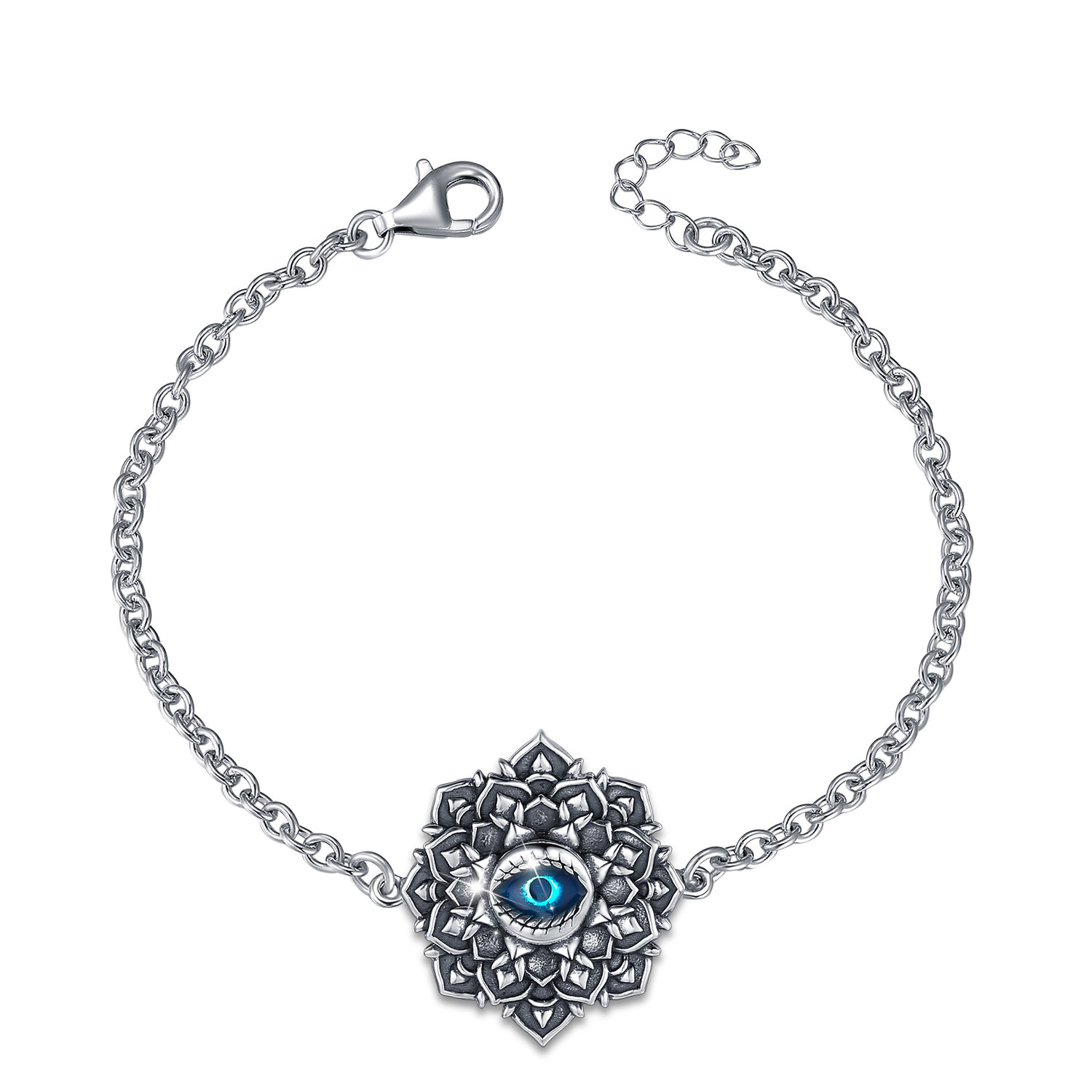 Merryshine Jewelry Vintage Oxidized Lotus and Evil Eye 925 Sterling Silver Bracelet for Women or Men