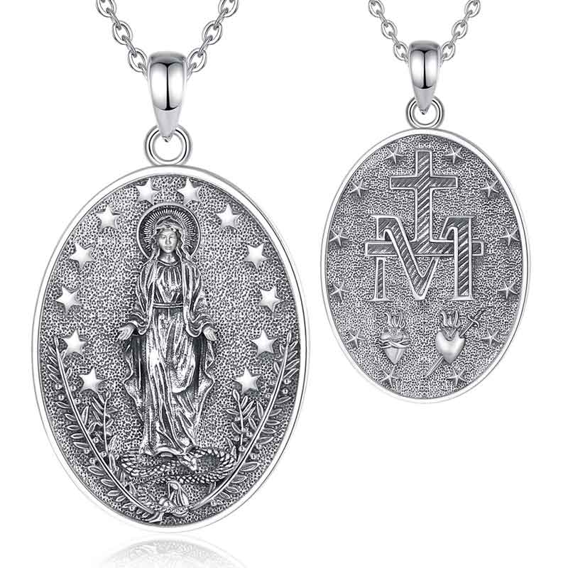 Merryshine Jewelry 925 Sterling Silver Oval Shaped Virgin Mary Design Pendant Necklace