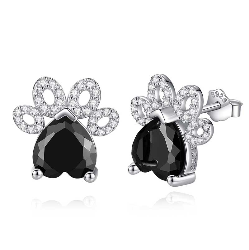 Merryshine Jewelry 925 Sterling Silver Cat Paw Stud Earrings with Black Cubic Zirconia