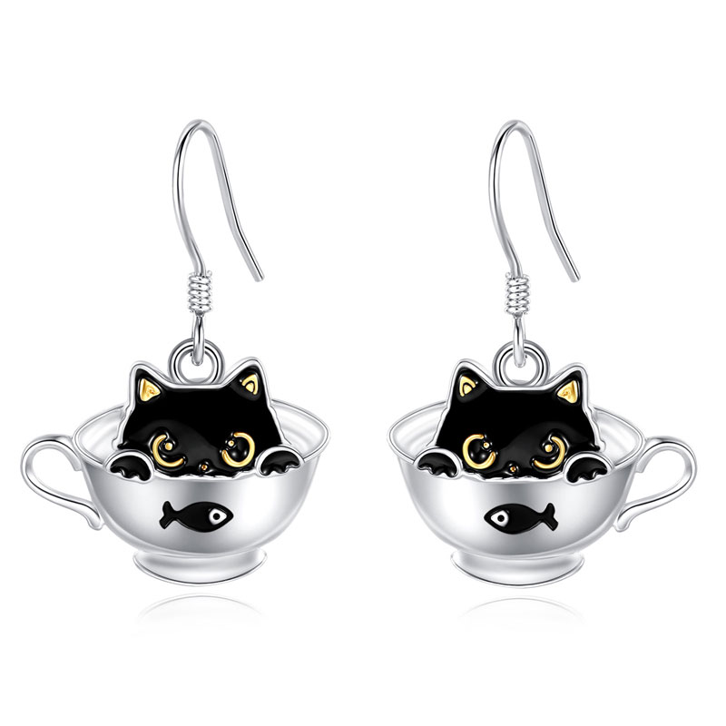 Merryshine Jewelry 925 Sterling Silver Tea Cup Cat Drop Earrings for Girls