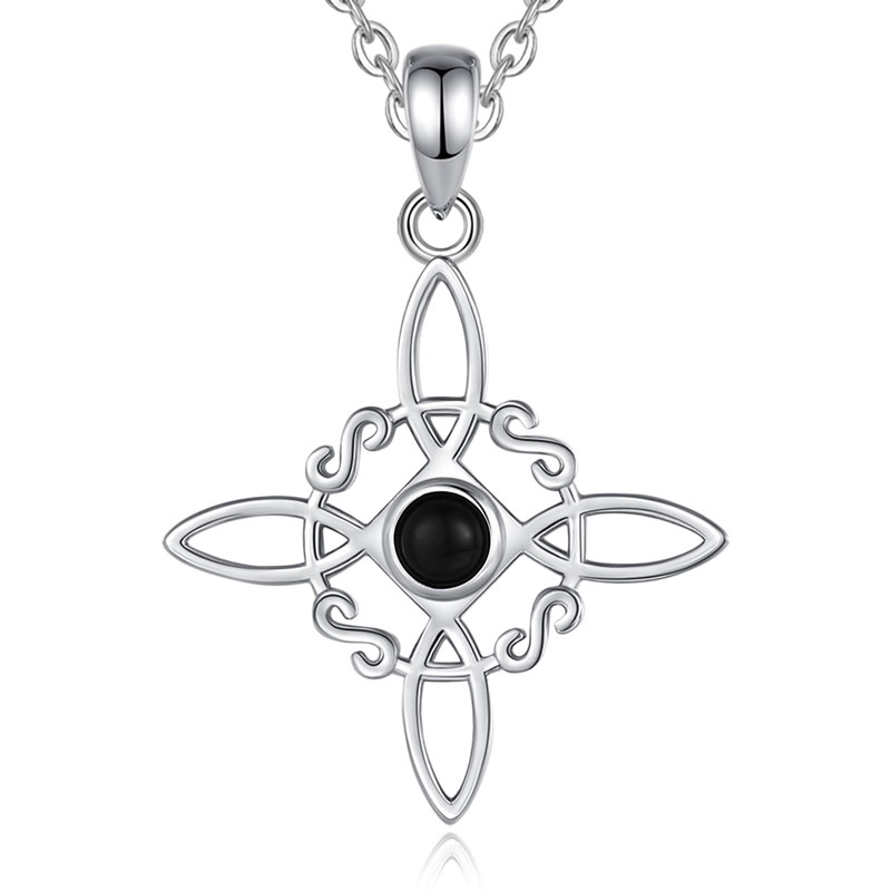 Merryshine Jewelry 925 Sterling Silver Wicca Knot Pendant Necklace with Obsidian