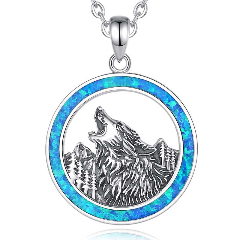 Merryshine Jewelry 925 Sterling Silver Viking Wolf Design Pendant Necklace with Opal