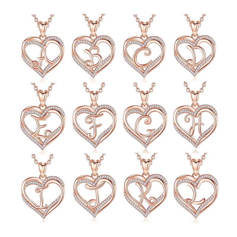 Merryshine Jewelry Rose Gold Plated Heart Shaped 26 Letters Initial Necklaces with Cubic Zirconia