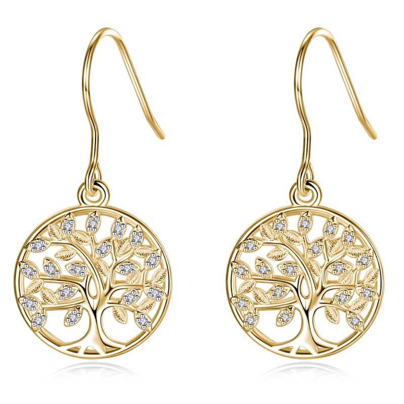 Merryshine Jewelry 925 Sterling Silver with 18K Gold Plated Tree of Life Drop Earrings