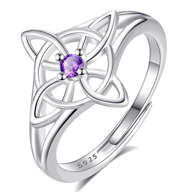 Merryhine Jewelry S925 Sterling Silver Adjustable Size Wicca Knot Rings with Purple Cubic Zirconia