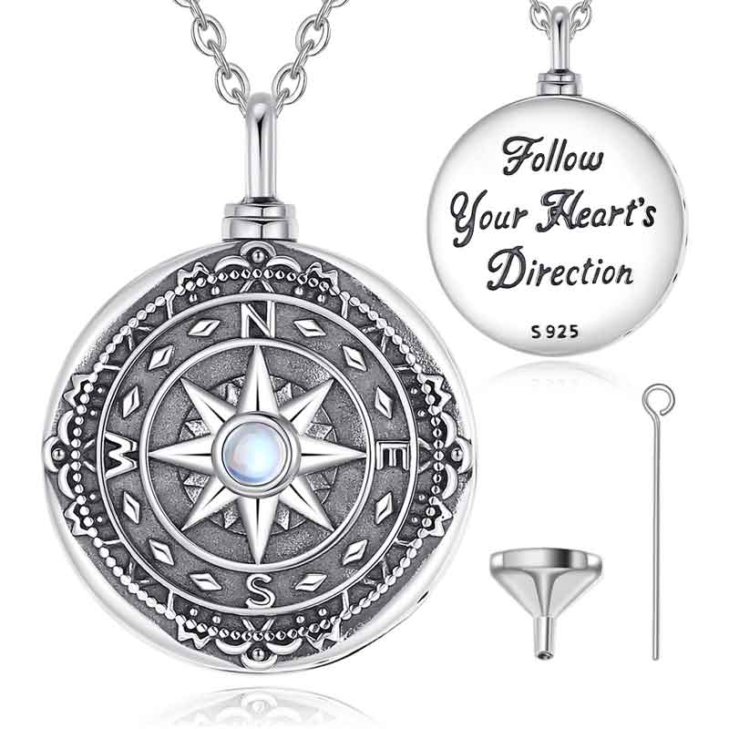 Merryshine Jewelry 925 Sterling Silver Compass Design Keepsake Urn Pendant Necklace with Moonstone