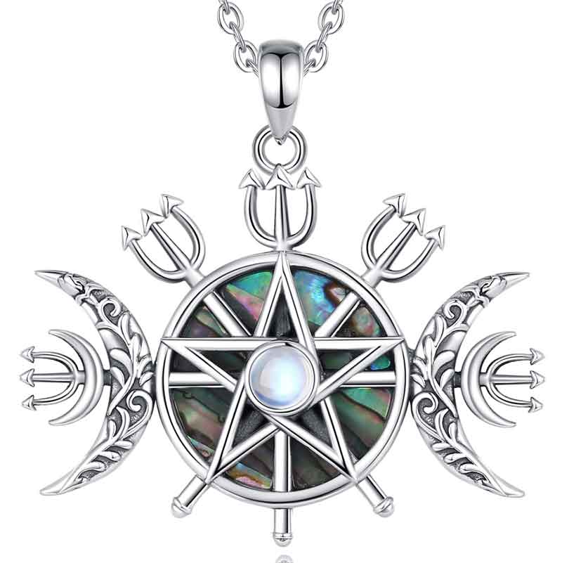 Merryshine Jewelry 925 Sterling Silver Sigil of Hecate & Triple Moon Pendant Necklace with Moonstone