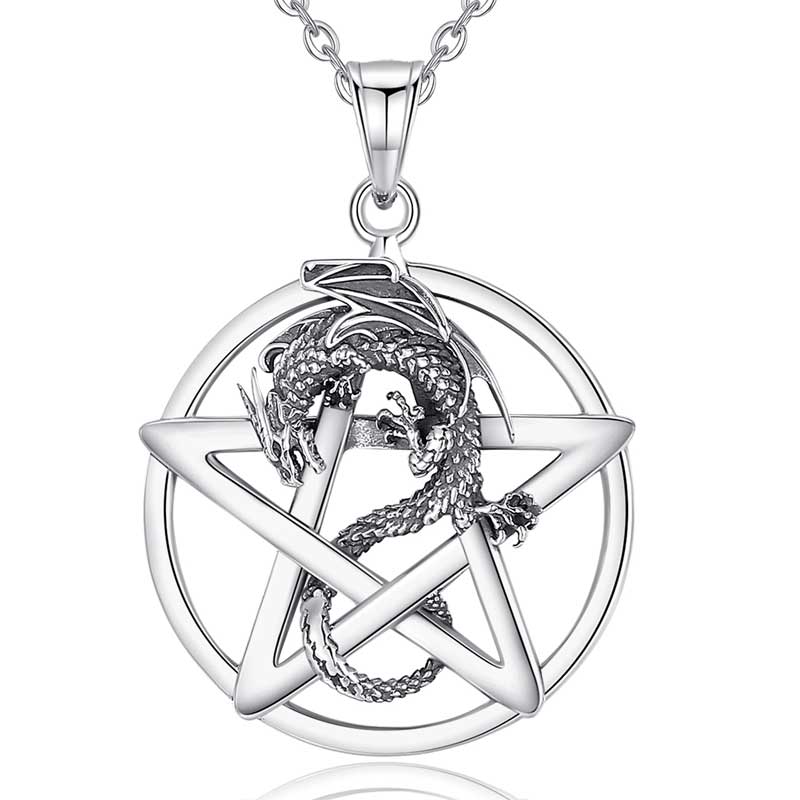 Merryshine Jewelry 925 Sterling Silver Dragon Pentagram Pendant Necklace for Men