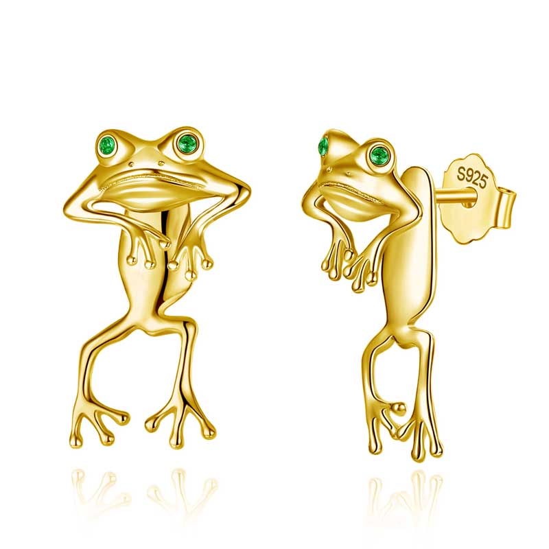 Merryshine Jewelry 925 Sterling Silver 18K Gold Plated Frog Stud Earrings with Green Cubic Zirconia