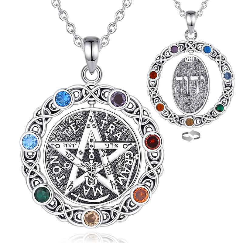 Merryshine Jewelry 925 Sterling Silver Tetragramaton Pentagram Rotatable Pendant Necklace with 7 Chakra Stone