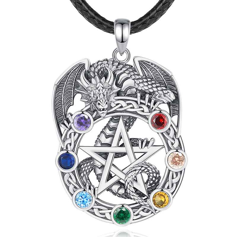 Merryshine Jewelry 925 Sterling Silver Tetragramaton Pentagram and Dragon Pendant Necklace with Chakra Stones