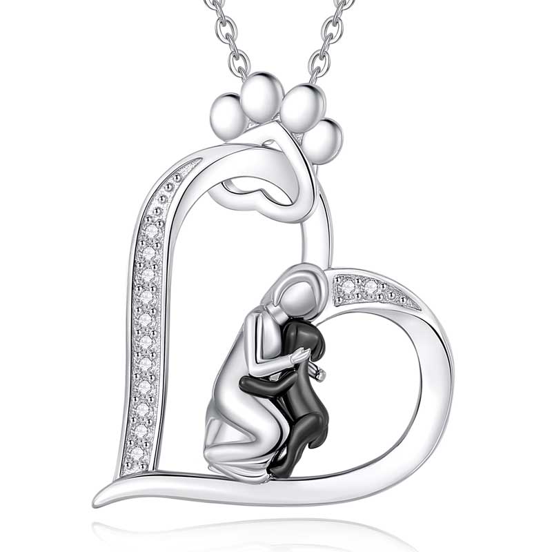 Merryshine Jewelry 925 Sterling Silver Girl Hug Dog Design Heart Pendant Necklace