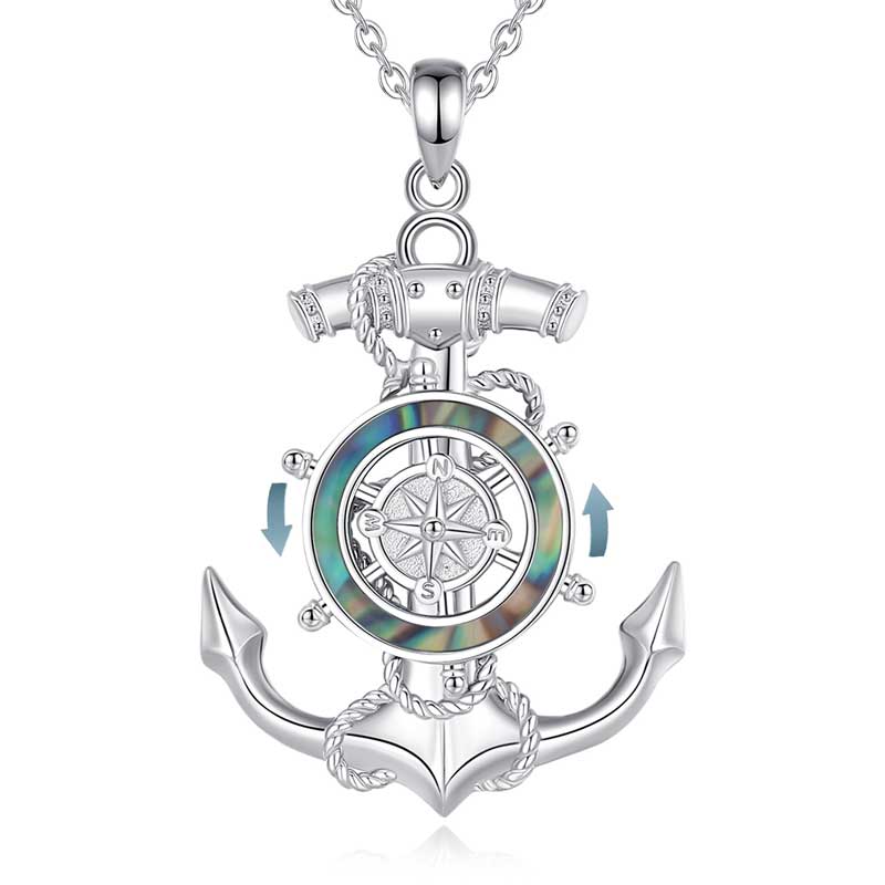 Merryshine Jewelry 925 Sterling Silver Natural Abalone Shell Anchor Compass Pendant Necklace for Men
