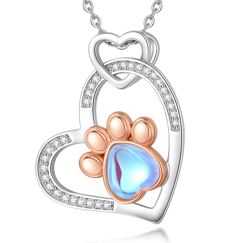 Merryshine Jewelry Rose Gold Cat Paw Design Heart Shaped Pendant Necklace with Moonstone for Women
