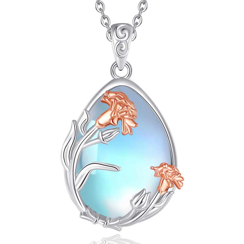 Merryshine Jewelry 925 Sterling Silver Oval Shaped Moonstone and Carnation Flower Pendant Necklace