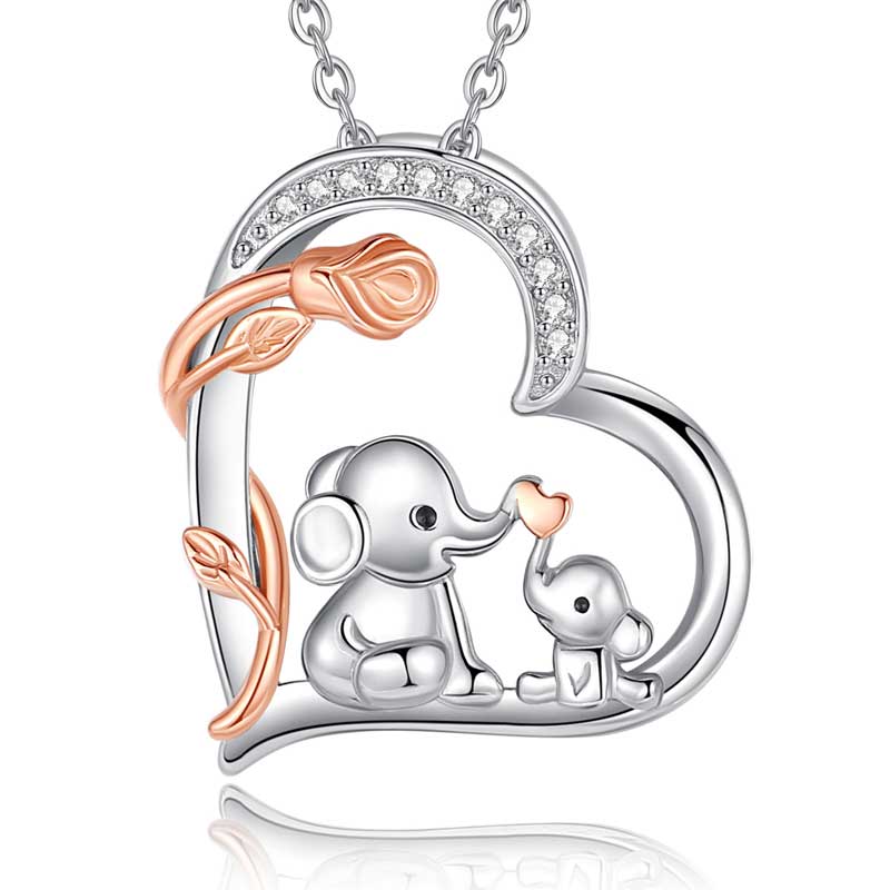 Merryshine Jewelry 925 Sterling Silver Elephant Mom and Baby Pendant Necklace for Mother’s Day Gift